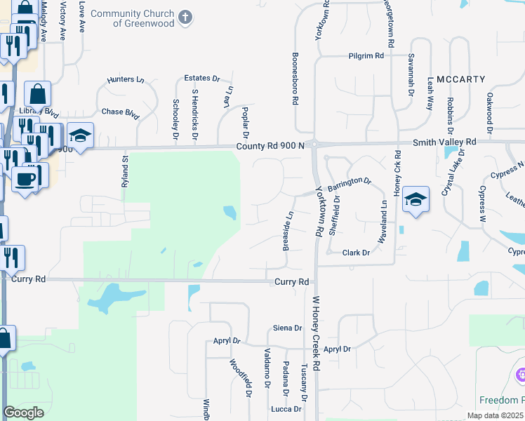map of restaurants, bars, coffee shops, grocery stores, and more near 771 Burr Oak Dr in Greenwood