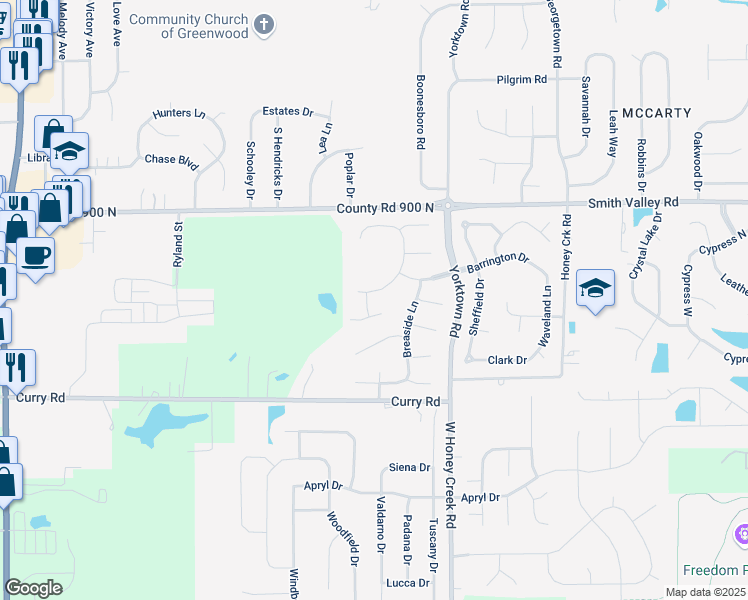 map of restaurants, bars, coffee shops, grocery stores, and more near 771 Burr Oak Drive in Greenwood