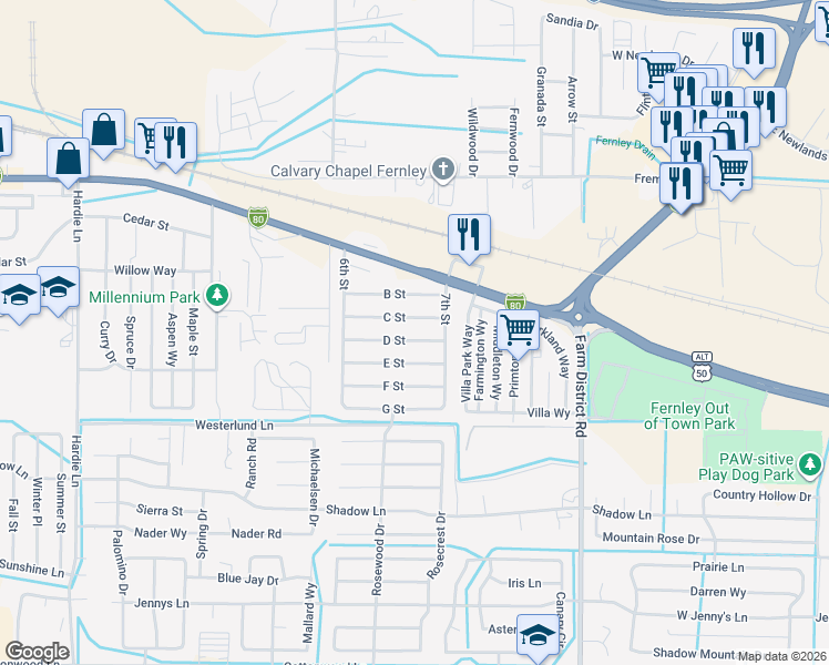 map of restaurants, bars, coffee shops, grocery stores, and more near 850 D Street in Fernley