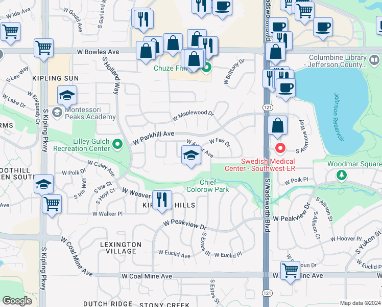 map of restaurants, bars, coffee shops, grocery stores, and more near 6268 South Everett Court in Littleton