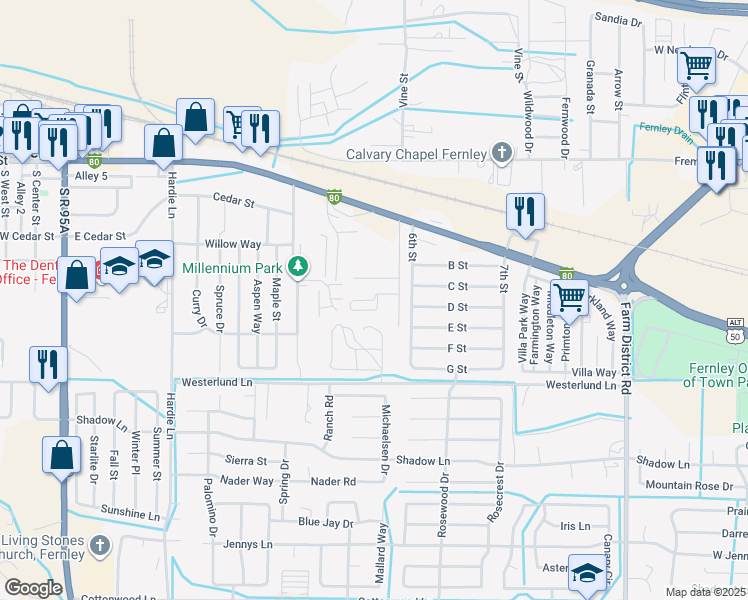 map of restaurants, bars, coffee shops, grocery stores, and more near 215 Meadow Circle in Fernley