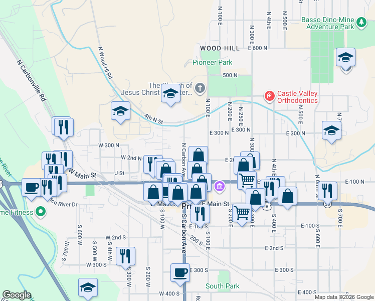 map of restaurants, bars, coffee shops, grocery stores, and more near 240 North Carbon Avenue in Price