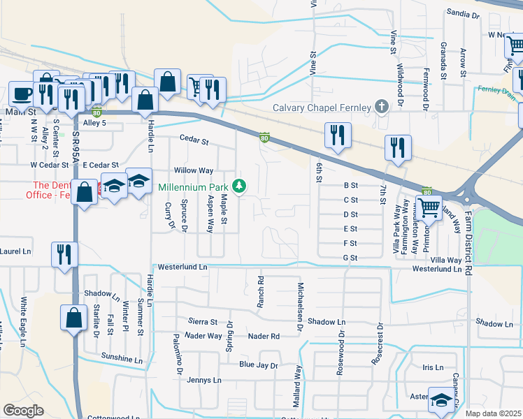 map of restaurants, bars, coffee shops, grocery stores, and more near 536 Village Drive in Fernley