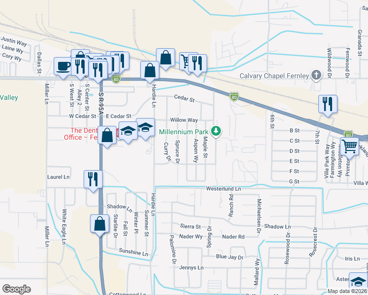 map of restaurants, bars, coffee shops, grocery stores, and more near 440 Sycamore Street in Fernley