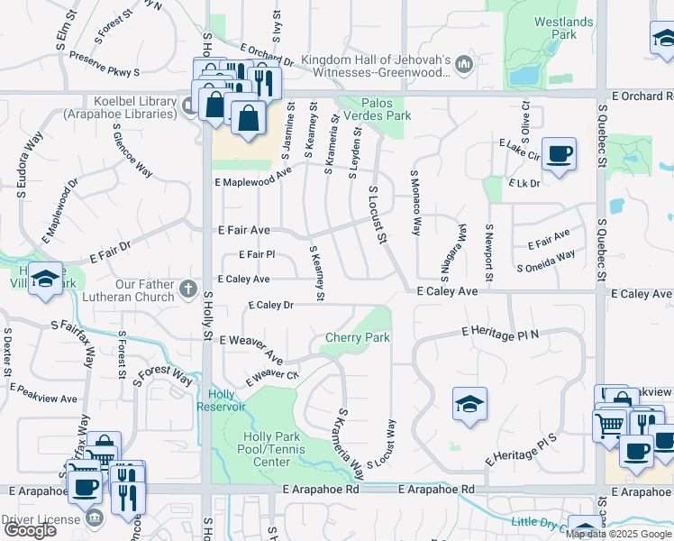 map of restaurants, bars, coffee shops, grocery stores, and more near 6240 South Krameria Street in Centennial