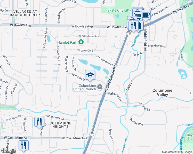 map of restaurants, bars, coffee shops, grocery stores, and more near 4383 West Ponds Circle in Littleton
