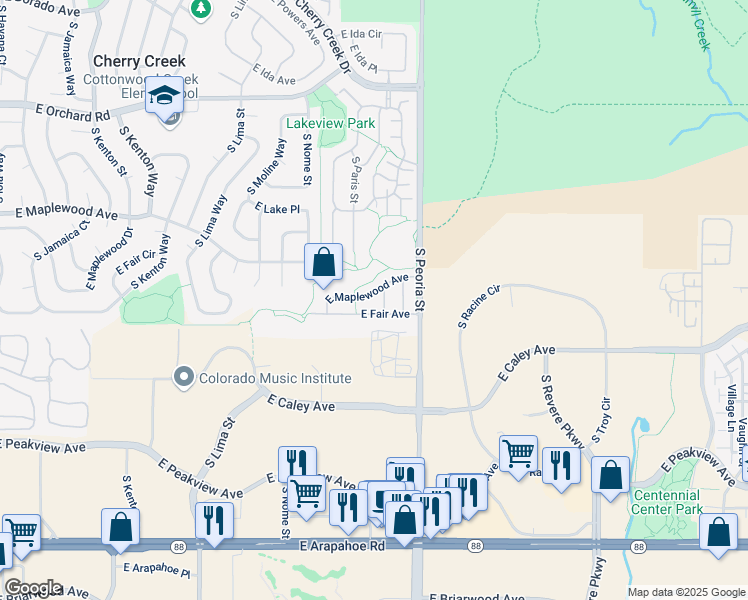 map of restaurants, bars, coffee shops, grocery stores, and more near 11880 East Maplewood Avenue in Greenwood Village