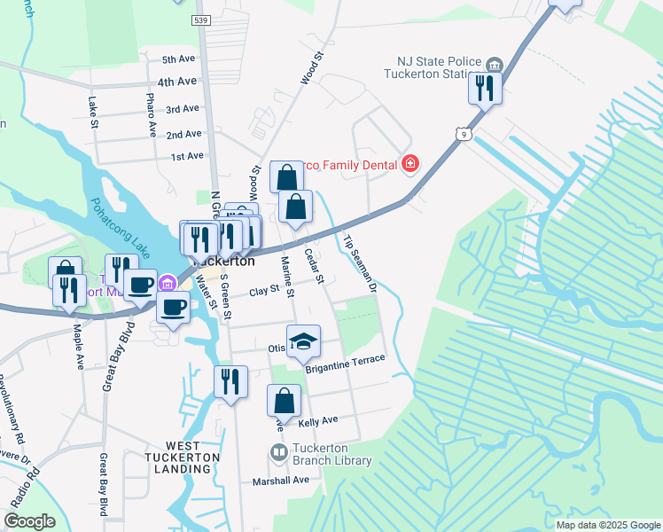 map of restaurants, bars, coffee shops, grocery stores, and more near 133 Cedar St in Tuckerton