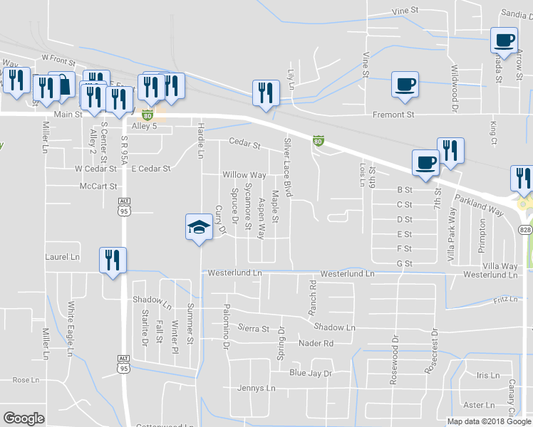 map of restaurants, bars, coffee shops, grocery stores, and more near 445 Aspen Way in Fernley