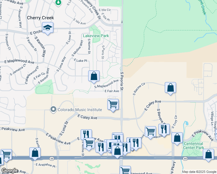 map of restaurants, bars, coffee shops, grocery stores, and more near 11880 East Maplewood Avenue in Greenwood Village
