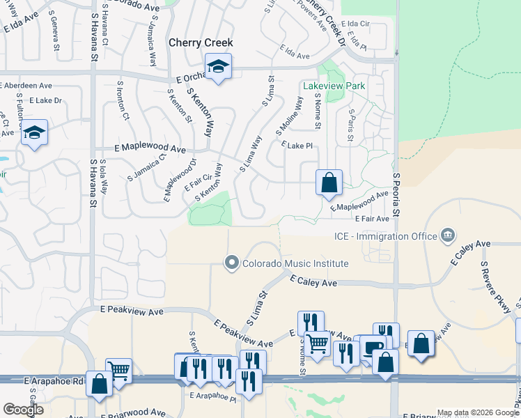 map of restaurants, bars, coffee shops, grocery stores, and more near 6256 South Macon Way in Englewood
