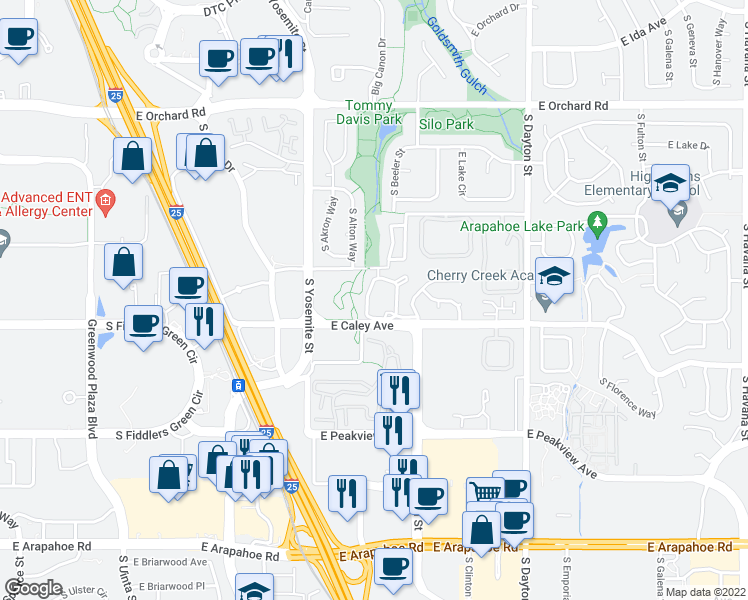map of restaurants, bars, coffee shops, grocery stores, and more near 9170 East Arbor Circle in Englewood