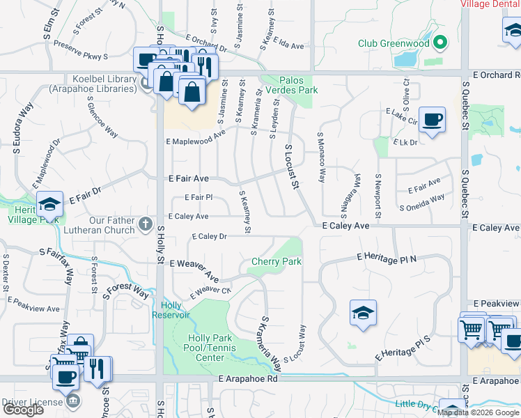 map of restaurants, bars, coffee shops, grocery stores, and more near 6240 South Krameria Street in Centennial