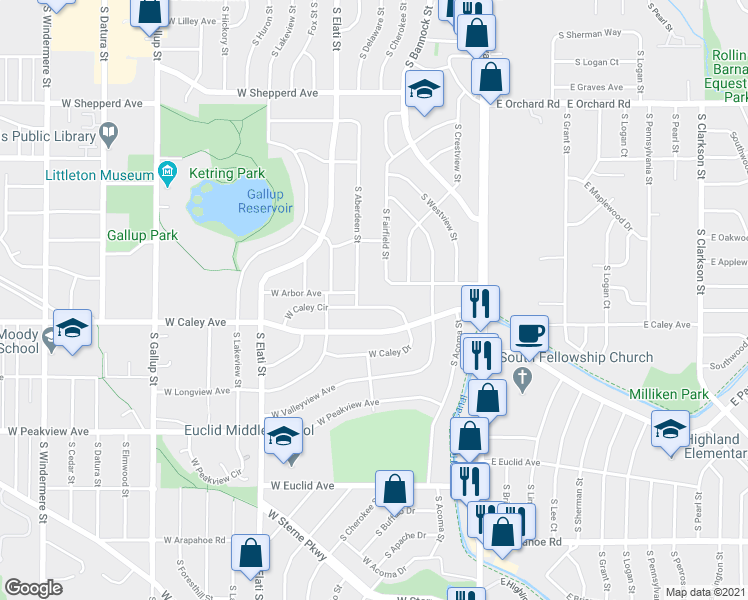 map of restaurants, bars, coffee shops, grocery stores, and more near 405 West Caley Circle in Littleton