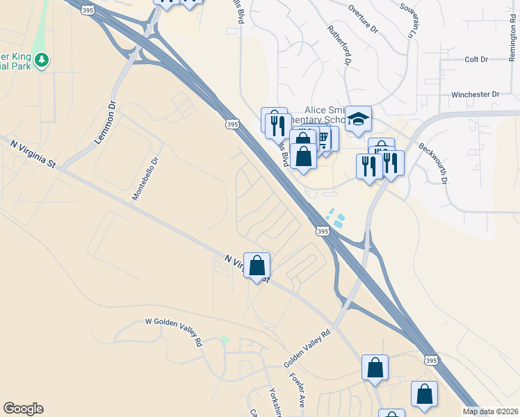 map of restaurants, bars, coffee shops, grocery stores, and more near 7900 North Virginia Street in Reno