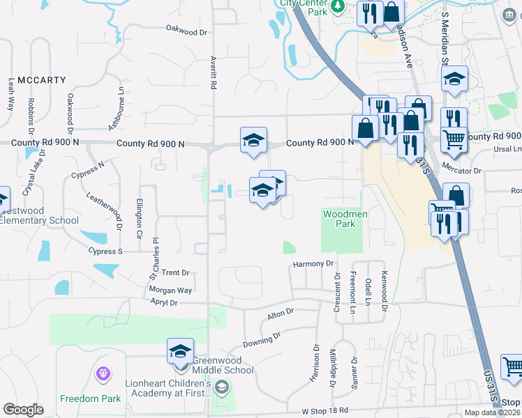 map of restaurants, bars, coffee shops, grocery stores, and more near 615 West Smith Valley Road in Greenwood
