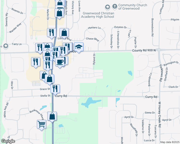 map of restaurants, bars, coffee shops, grocery stores, and more near 1501 Lacebark Drive in Greenwood