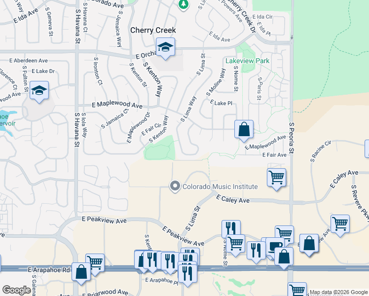 map of restaurants, bars, coffee shops, grocery stores, and more near 6182 South Lima Way in Englewood