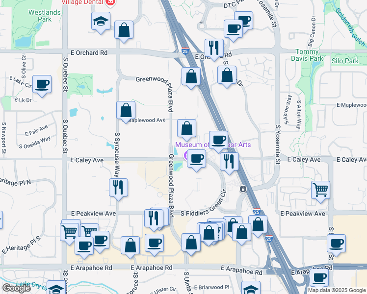 map of restaurants, bars, coffee shops, grocery stores, and more near 6312 South Fiddlers Green Circle in Greenwood Village
