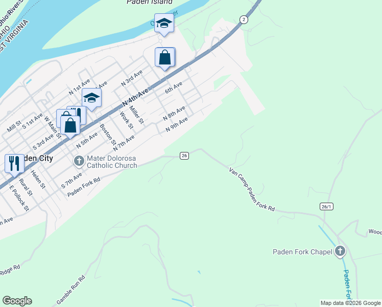 map of restaurants, bars, coffee shops, grocery stores, and more near in Paden City