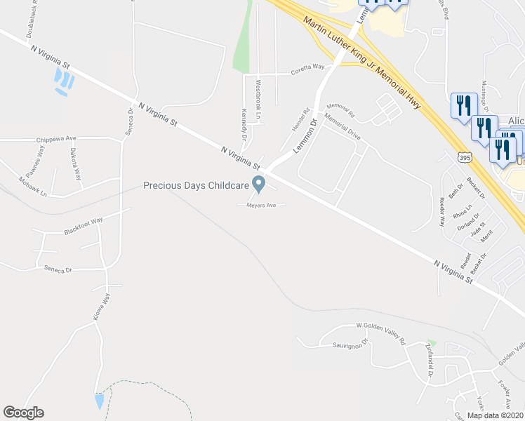 map of restaurants, bars, coffee shops, grocery stores, and more near 6540 Meyers Avenue in Reno