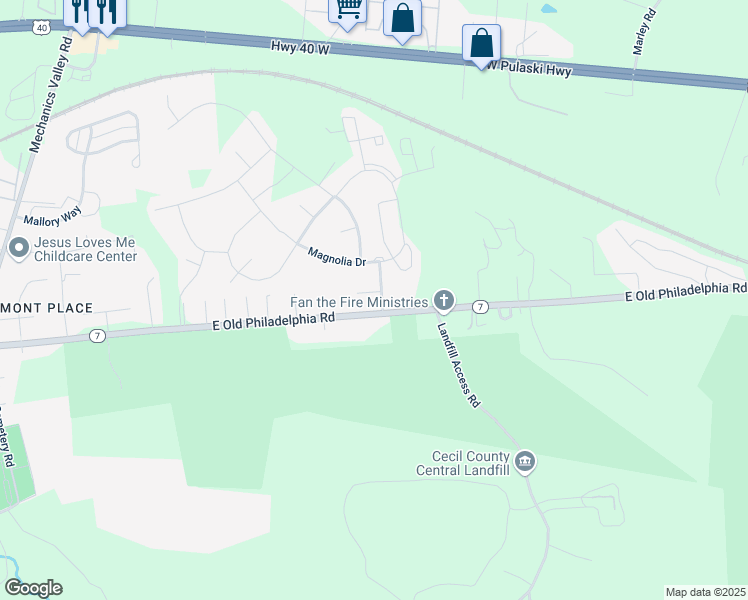 map of restaurants, bars, coffee shops, grocery stores, and more near 2 Ridgely Forest Drive in Elkton