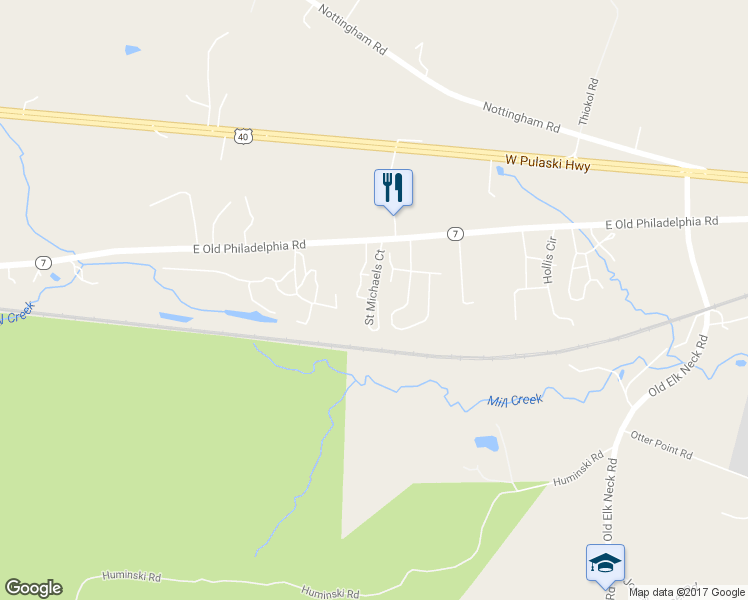 map of restaurants, bars, coffee shops, grocery stores, and more near Saint Michaels Court in Elkton