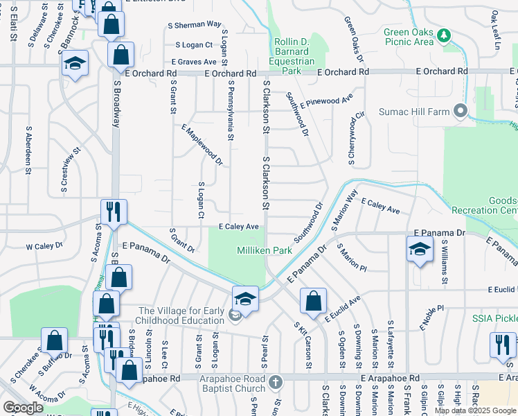 map of restaurants, bars, coffee shops, grocery stores, and more near 6375 South Clarkson Street in Centennial