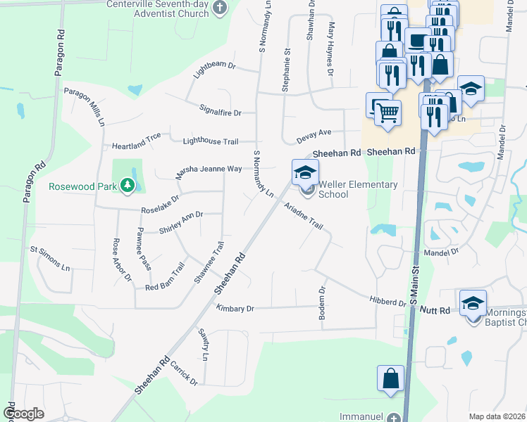 map of restaurants, bars, coffee shops, grocery stores, and more near 9735 Sheehan Road in Dayton