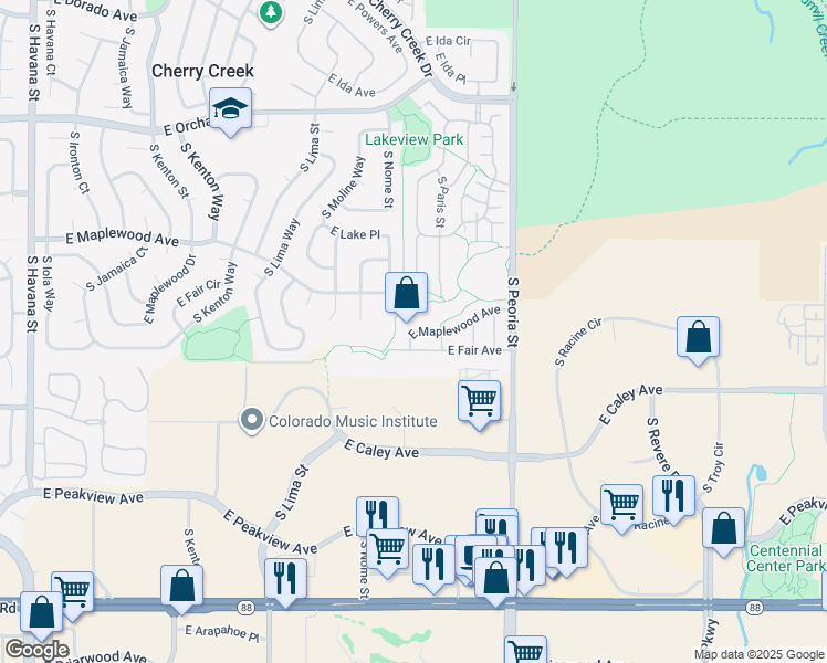 map of restaurants, bars, coffee shops, grocery stores, and more near 11840 East Maplewood Avenue in Greenwood Village