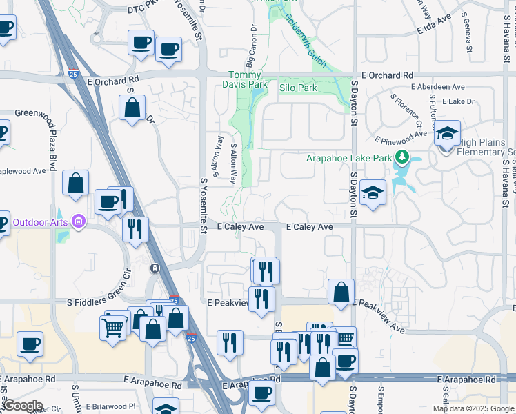 map of restaurants, bars, coffee shops, grocery stores, and more near 6277 South Boston Court in Englewood