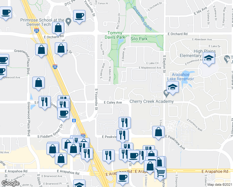 map of restaurants, bars, coffee shops, grocery stores, and more near 9170 East Arbor Circle in Englewood