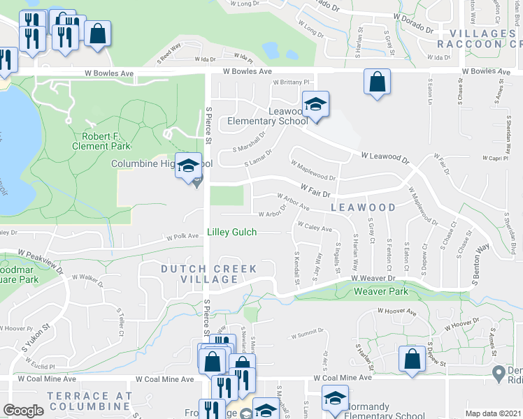 map of restaurants, bars, coffee shops, grocery stores, and more near 6497 West Arbor Drive in Littleton