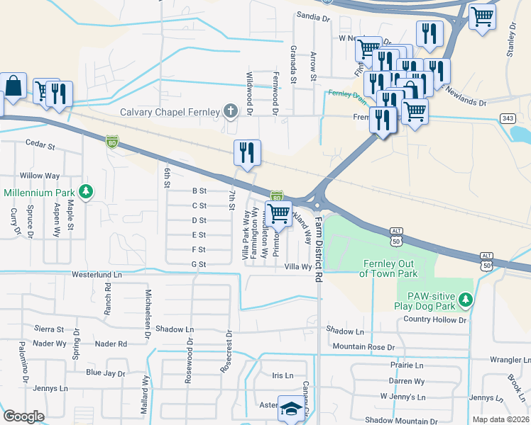 map of restaurants, bars, coffee shops, grocery stores, and more near 96 Middleton Way in Fernley