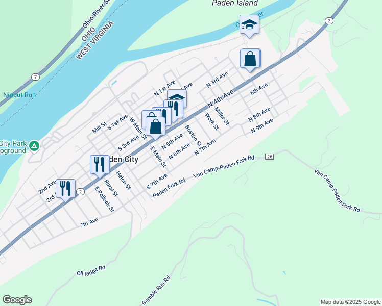 map of restaurants, bars, coffee shops, grocery stores, and more near 129 North 7th Avenue in Paden City