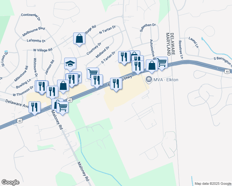 map of restaurants, bars, coffee shops, grocery stores, and more near 1000 U.S. 40 in Elkton