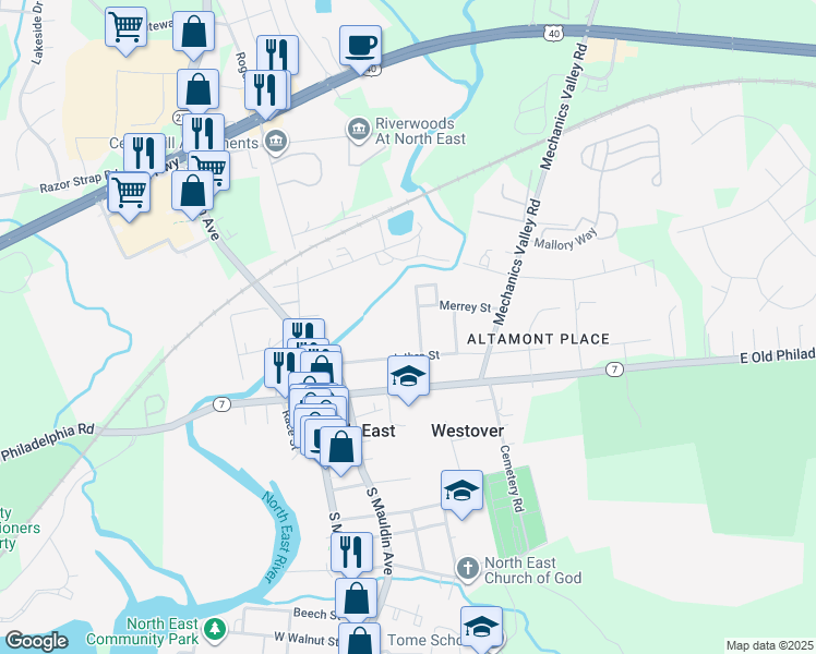 map of restaurants, bars, coffee shops, grocery stores, and more near 105 Howard Street in North East