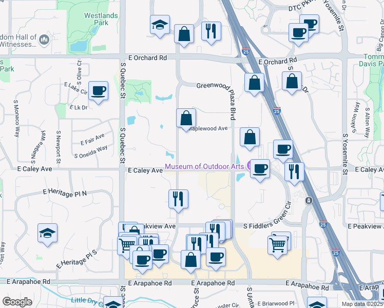 map of restaurants, bars, coffee shops, grocery stores, and more near 6200 South Syracuse Way in Greenwood Village
