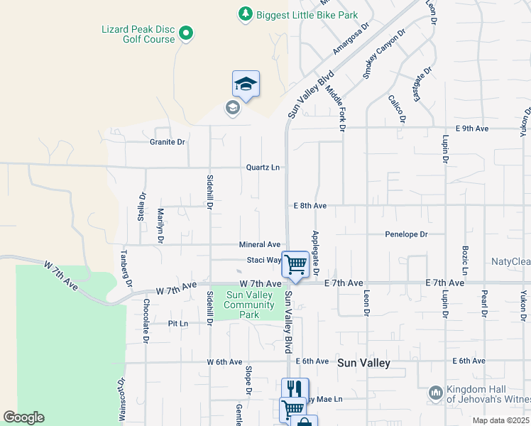 map of restaurants, bars, coffee shops, grocery stores, and more near 5798 Jacobson Road in Sun Valley