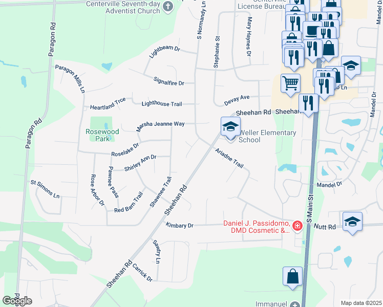 map of restaurants, bars, coffee shops, grocery stores, and more near 9732 Stagecoach Drive South in Dayton