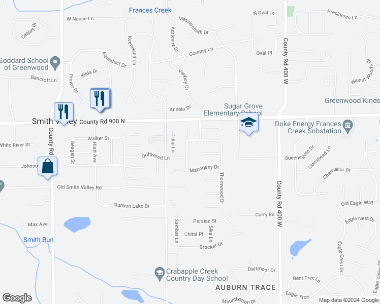 map of restaurants, bars, coffee shops, grocery stores, and more near 881 Yellowwood Drive in Greenwood