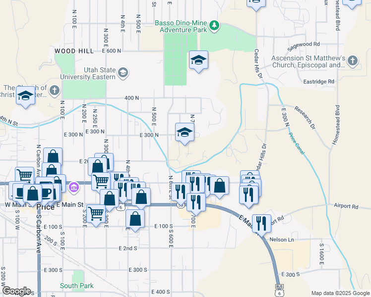 map of restaurants, bars, coffee shops, grocery stores, and more near 210 North 6th East Street in Price