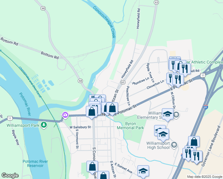 map of restaurants, bars, coffee shops, grocery stores, and more near 154 Maryland 63 in Williamsport