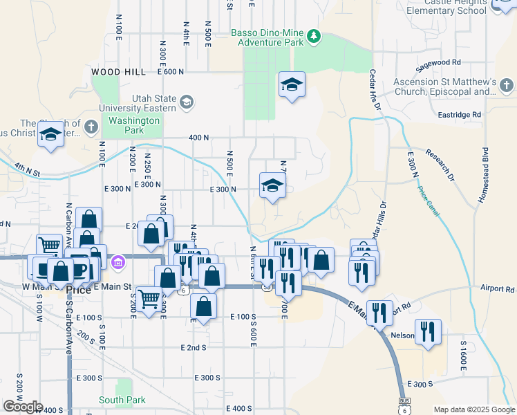 map of restaurants, bars, coffee shops, grocery stores, and more near 210 North 6th East Street in Price