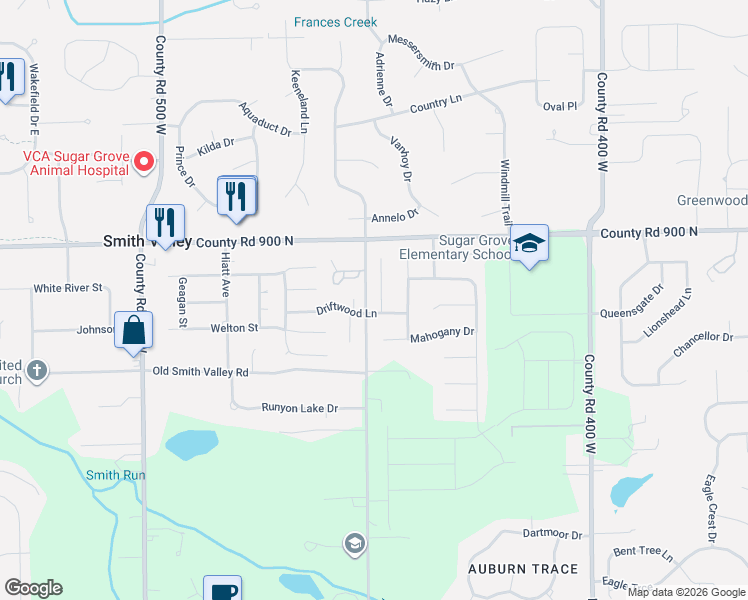 map of restaurants, bars, coffee shops, grocery stores, and more near 898 Tulip Lane in Greenwood