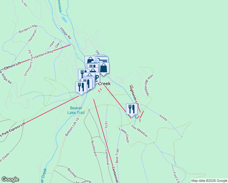 map of restaurants, bars, coffee shops, grocery stores, and more near 96 Highlands Lane in Beaver Creek