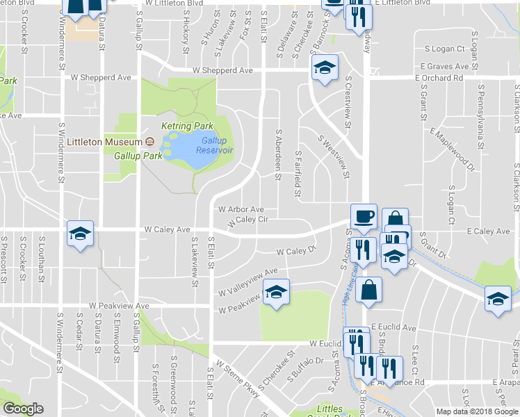 map of restaurants, bars, coffee shops, grocery stores, and more near 10260 South Longview Street in Littleton