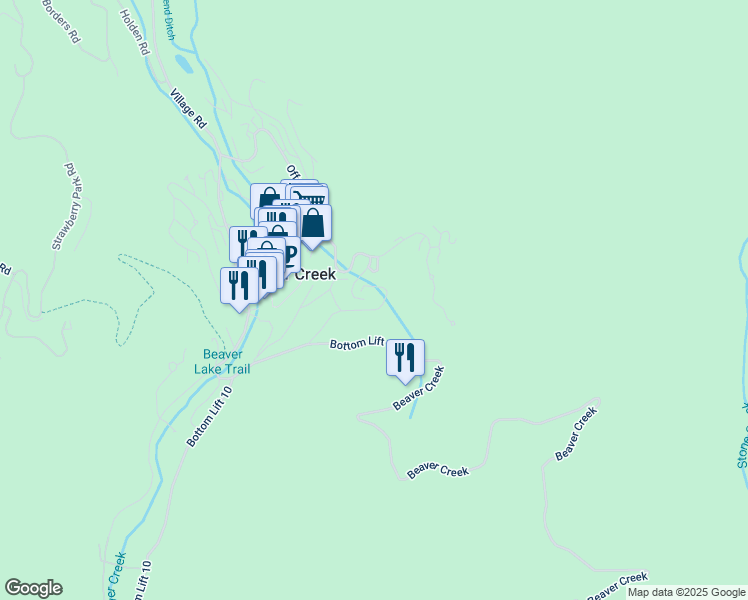 map of restaurants, bars, coffee shops, grocery stores, and more near 96 Highlands Lane in Beaver Creek