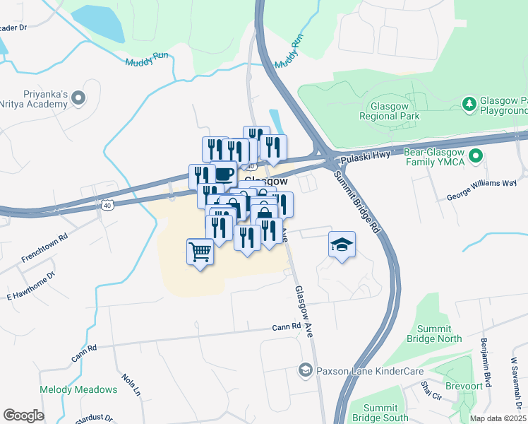 map of restaurants, bars, coffee shops, grocery stores, and more near 2450 Glasgow Avenue in Newark
