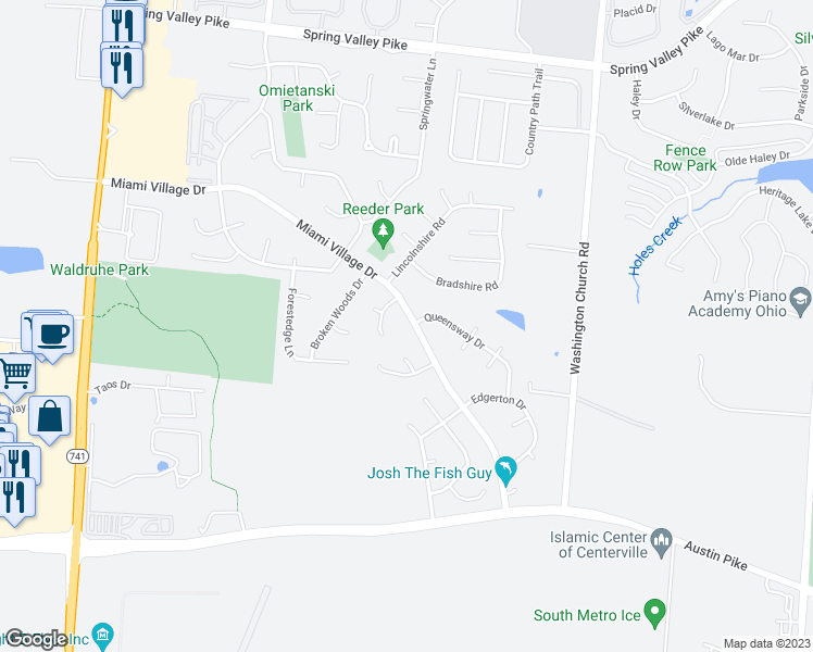 map of restaurants, bars, coffee shops, grocery stores, and more near 2456 Miami Village Drive in Miamisburg